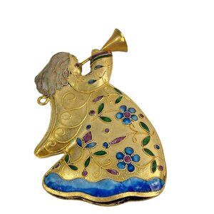 Vintage Enamel Cloisonné Angel Christmas Ornament Handcrafted Gold-Tone Floral D